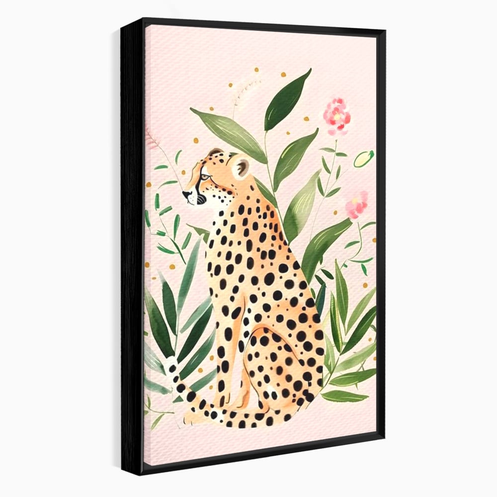Tablou canvas cu tablou canvas cu leopard si frunze tropicale, in rama de aluminiu negru